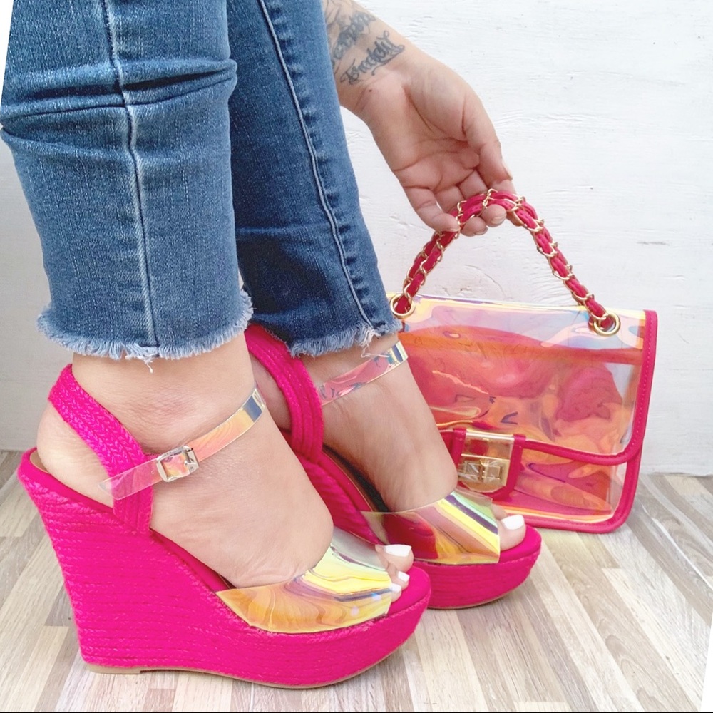 Hot Pink Espadrilles Hologram Wedge - Picture 8 of 8